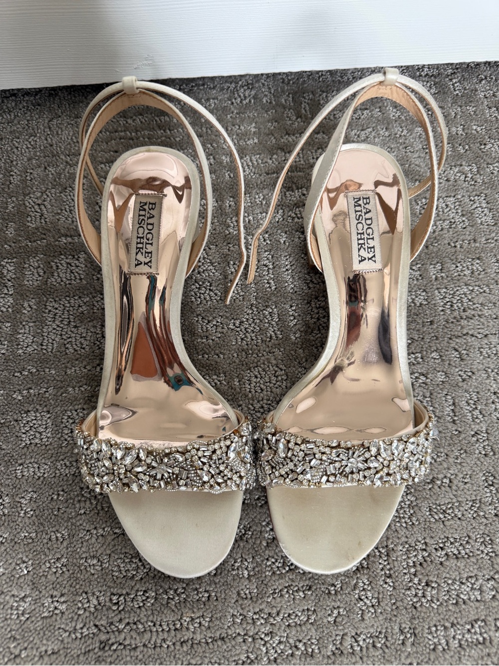 Badgley Mischka Champagne Jeweled Ankle-Strap Heels